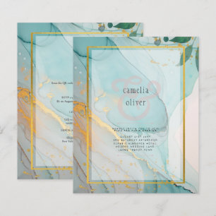 LeahG Sea Glass Aquamarin Gold INK Wedding INVITE