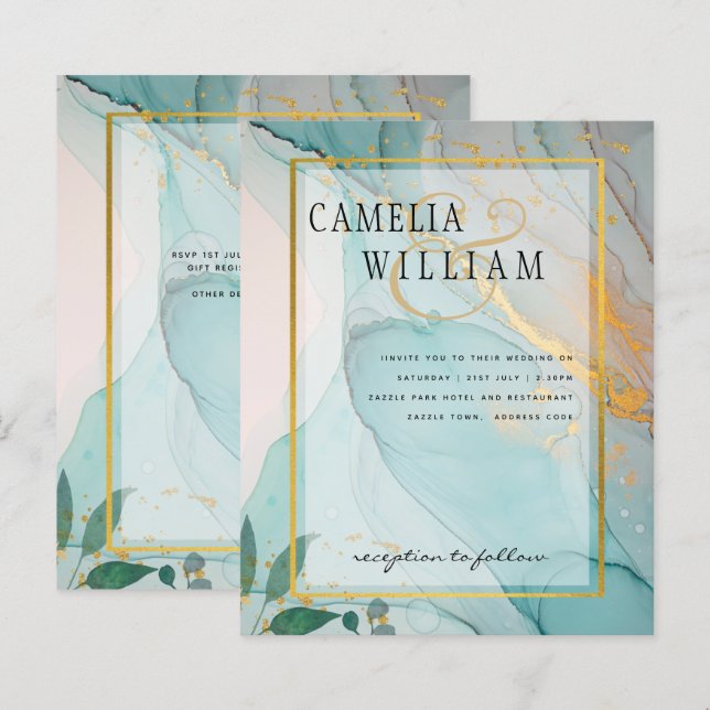 LeahG Sea Glass Aquamarin Gold INK Wedding INVITE (Vorne/Hinten)