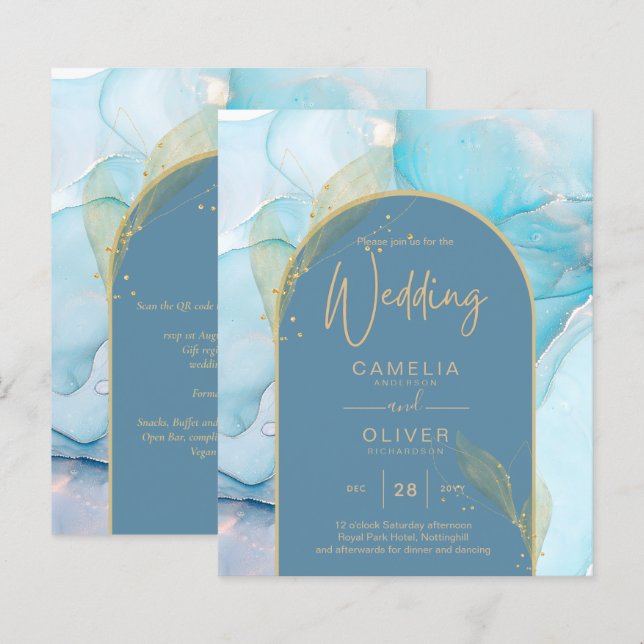 LeahG Sea Glass Gold Ink Aqua Blue Wedding INVITE (Vorne/Hinten)