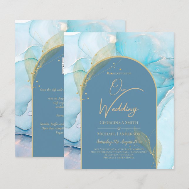 LeahG Sea Glass Gold Ink Aqua Blue Wedding INVITE (Vorne/Hinten)