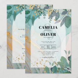LeahG Seaglass Ink Aquamarin Gold Greenery Wedding Einladung