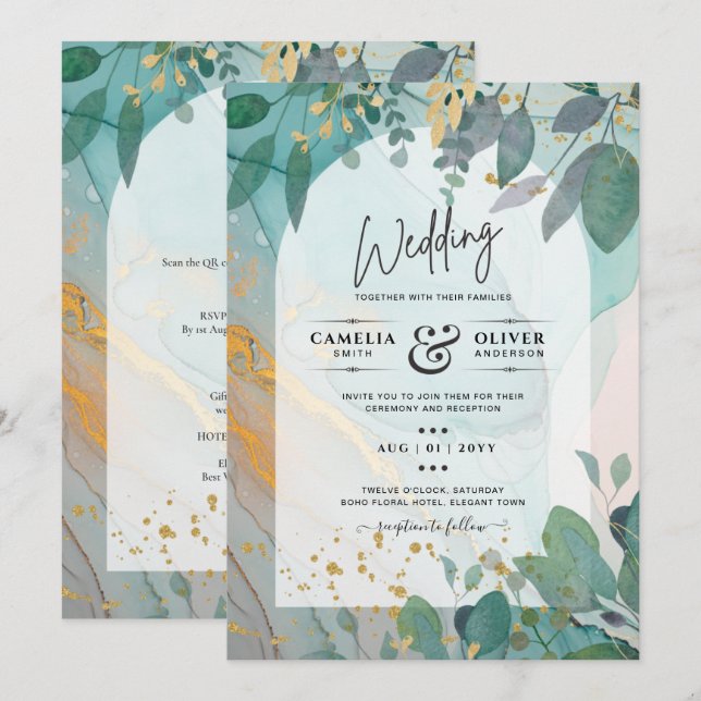 LeahG Seaglass Ink Aquamarin Gold Greenery Wedding Einladung (Vorne/Hinten)
