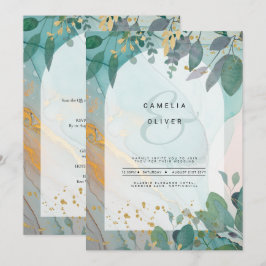 LeahG Seaglass Ink Aquamarin Gold Greenery Wedding Einladung