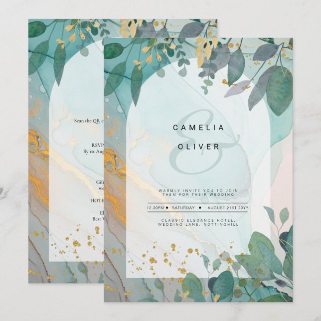LeahG Seaglass Ink Aquamarin Gold Greenery Wedding Einladung (Vorne/Hinten)