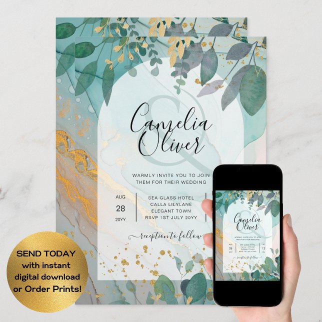 LeahG Seaglass Ink Aquamarin Gold Greenery Wedding Einladung (Von Creator hochgeladen)