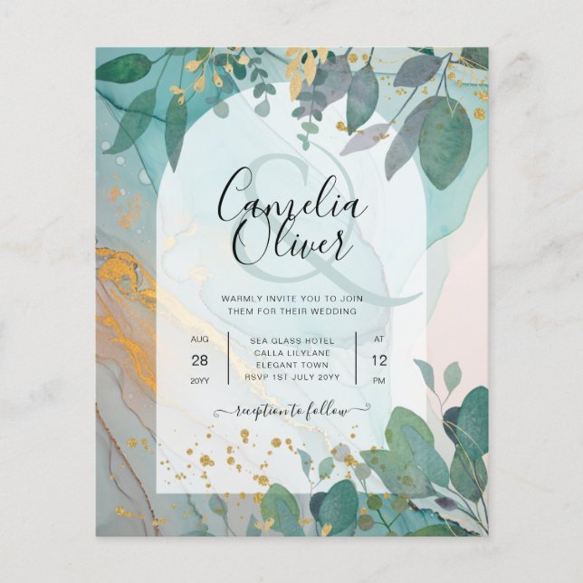 LeahG Seaglass Ink Aquamarin Gold Greenery Wedding Flyer (Vorne)