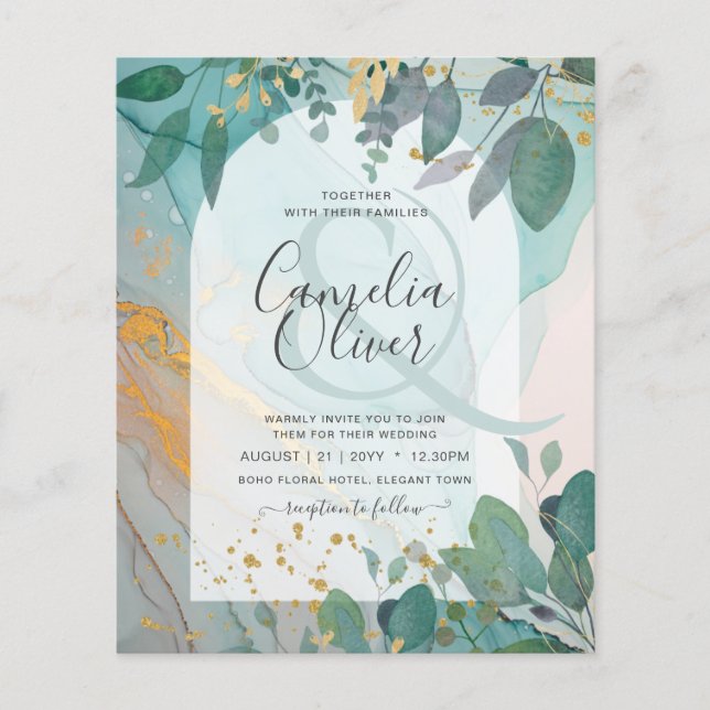 LeahG Seaglass Ink Aquamarin Gold Greenery Wedding Flyer (Vorne)
