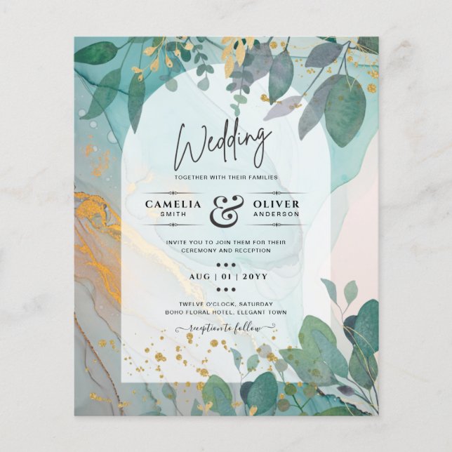 LeahG Seaglass Ink Aquamarin Gold Greenery Wedding Flyer (Vorne)