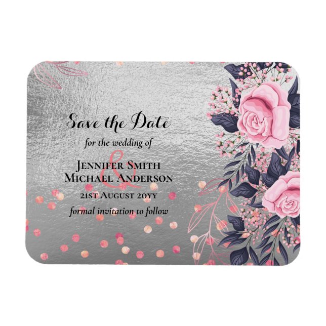 LeahG Silver Navy Rosegold PInk Floral Wedding Magnet (Horizontal)