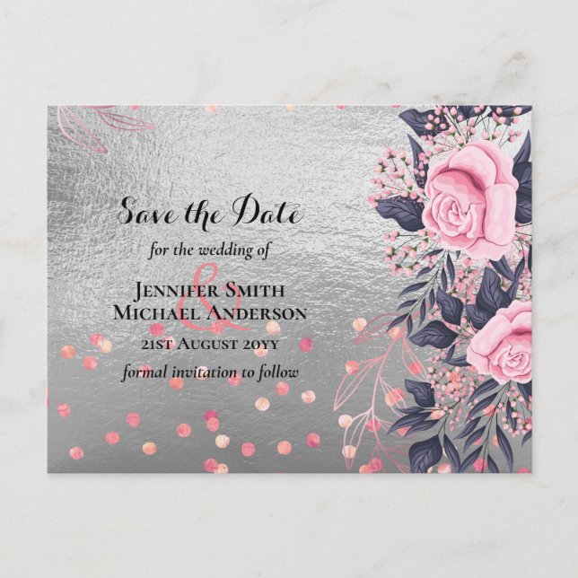 LeahG Silver Navy Rosegold PInk Floral Wedding Postkarte (Vorderseite)