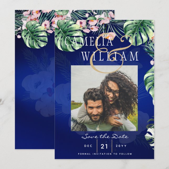 LeahG Tropical Blue Green Pink Floral Wedding Einladung (Vorne/Hinten)