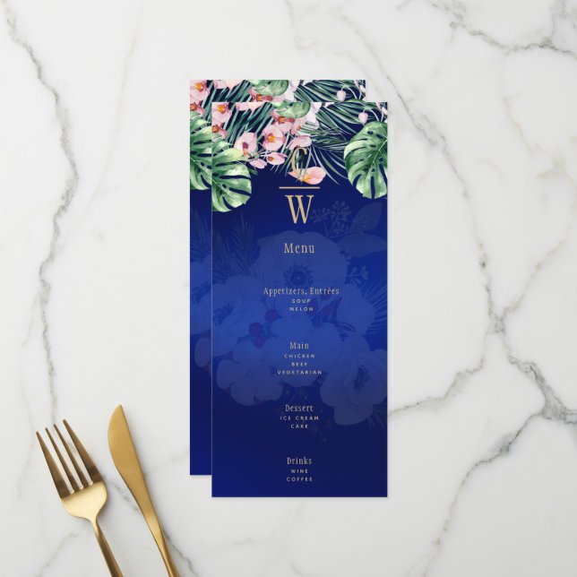 LeahG Tropical Blue Green Pink Floral Wedding Menükarte (Vorderseite/Rückseite Beispiel)