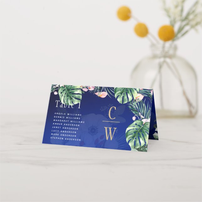 LeahG Tropical Blue Green Pink Floral Wedding Platzkarte (Vorderseite)