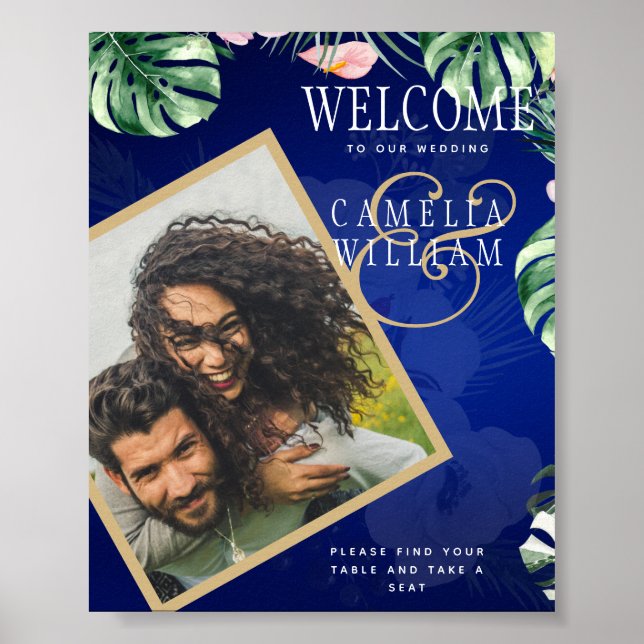 LeahG Tropical Blue Green Pink Floral Wedding Poster (Vorne)