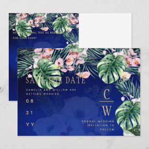 LeahG Tropical Blue Green Pink Floral Wedding Save The Date