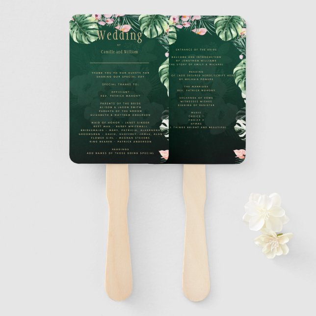 LeahG Tropical Green Pink Botanical Wedding Fächer (Vorne und Hinten)
