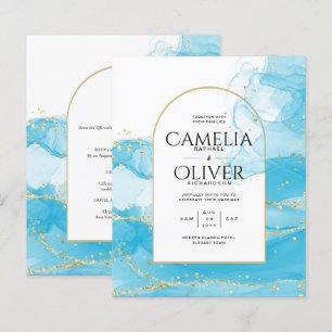 LeahG Turquoise Gold Aqua Blue Wedding INVITE