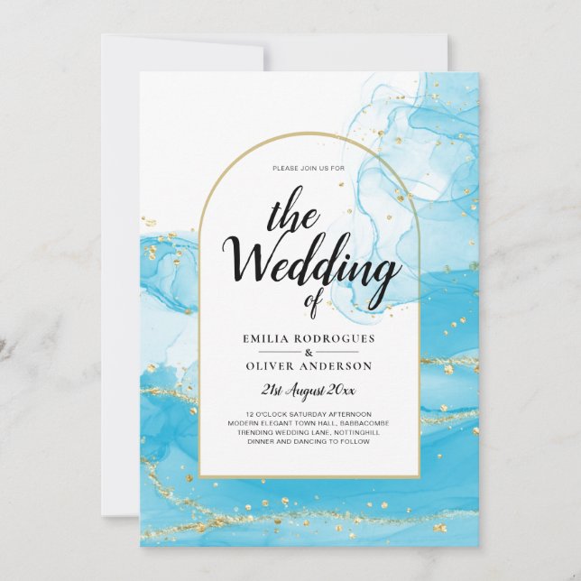 LeahG Turquoise Gold Aqua Blue Wedding INVITE Einladung (Vorderseite)
