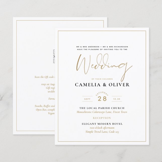 LeahG White Gold Classic Typografy Wedding Einladu (Vorne/Hinten)