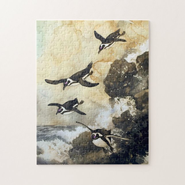 Leap into the Sea - African Penguins, Japanese Art (Vertikal)