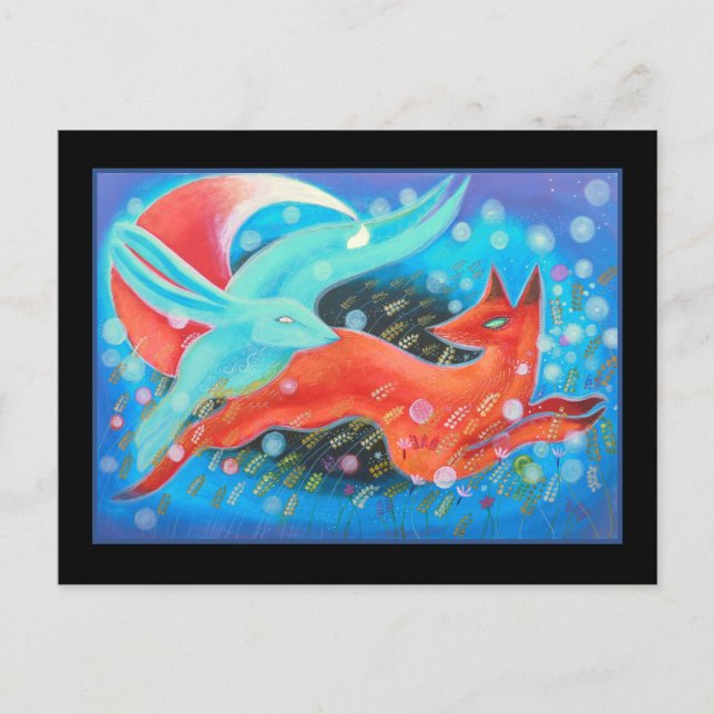 Leapende Tiere, ein Fuchs und ein Hase. Postkarte (Vorderseite)