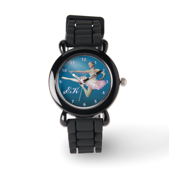 Leaping Ballerina auf blau, Monogramm Armbanduhr (Vorderseite)