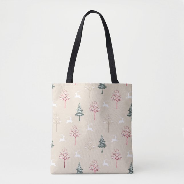 Leaping Deer & Snowy Trees Christmas Tote Bag (Devant)