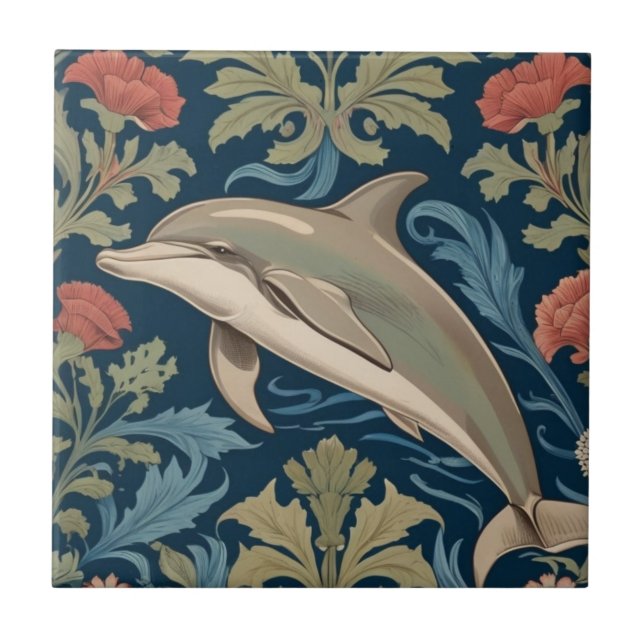 Leaping Dolphin William Morris-Stil Links Gesichte Fliese (Vorderseite)