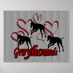 Leaping Greyhounds And Red Hearts Poster