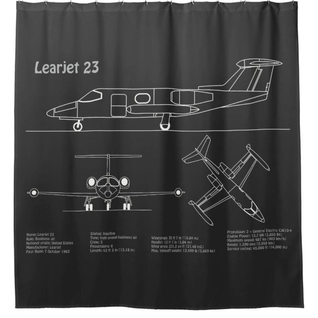 Learjet 23 - Flugzeugkonzept Zeichnend Pläne PD Duschvorhang (Vorderseite)