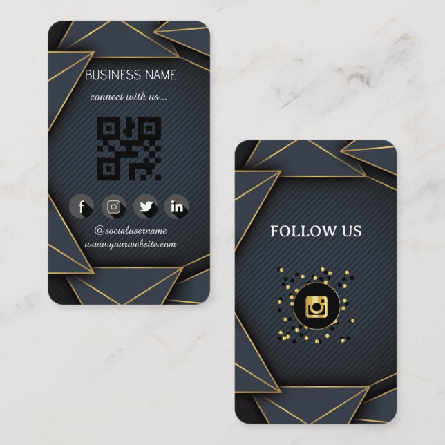 Leather Black Gold Social Media QR-Code Visitenkarte (Vorne/Hinten)