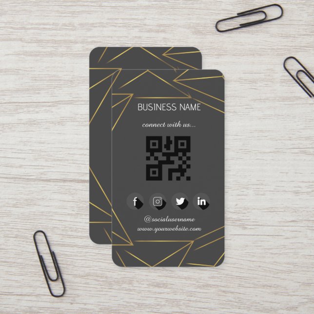 Leather Black Gold Social Media QR-Code Visitenkarte (Vorderseite/Rückseite Beispiel)