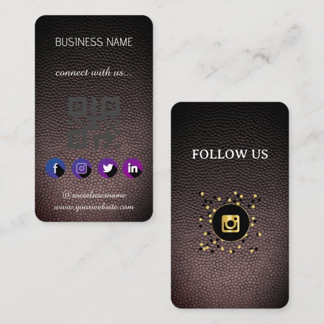 Leather black - Social Media QR Code Business Card Visitenkarte (Vorne/Hinten)