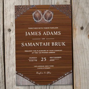 Leather Bra Rustic Wood String Lights Wedding Einladung