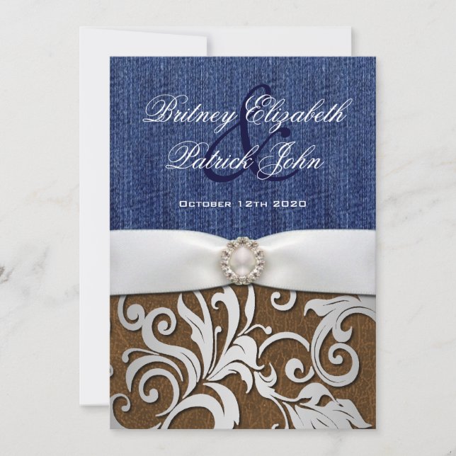 Leather & Denim Damask Western Hochzeit Einladunge Einladung (Vorderseite)