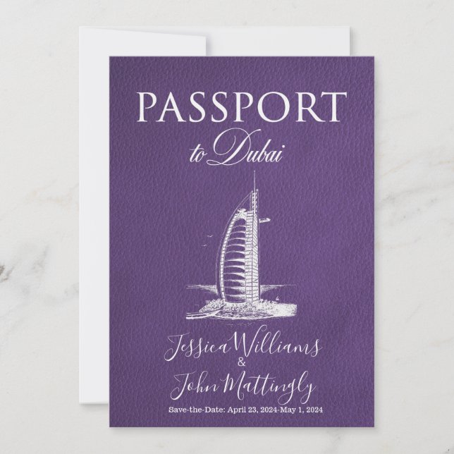 Leather Dubai Passport Wedding Save the Date Einladung (Vorderseite)