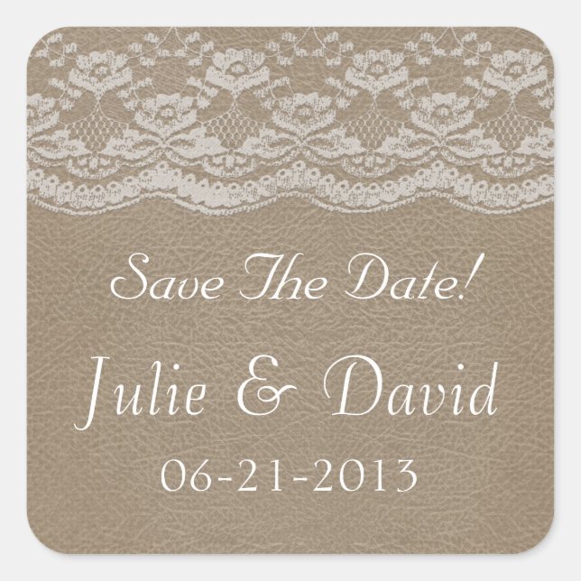 Leather & Lace Wedding speichern das Datum Quadratischer Aufkleber (Vorderseite)