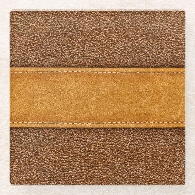Leather Luxe: Stitched Brown Elegance Glasuntersetzer (Vorderseite)