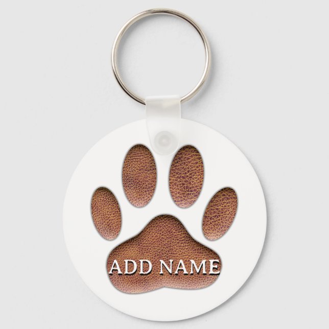 Leather Texture Dog Paw Print Individuelle Name Schlüsselanhänger (Vorderseite)