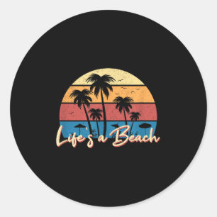 Leben Ein Strand Funny Retro Palm Tree Sommerferie Runder Aufkleber