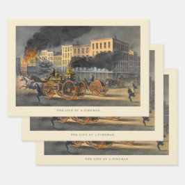 Leben eines Feuerwehrmanns Vintag Lithographie der Geschenkpapier Set