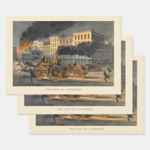 Leben eines Feuerwehrmanns Vintag Lithographie der Geschenkpapier Set