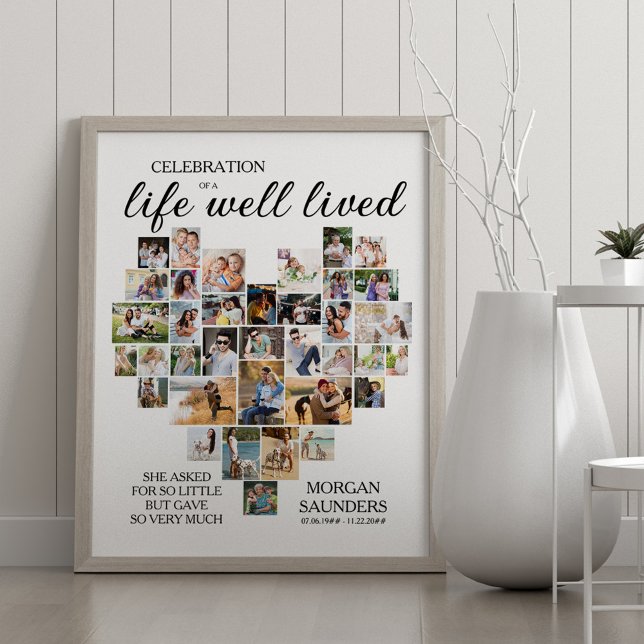 Leben gut gelebtes Herz geformt Foto Collage Beerd Poster (Life well lived photo collage memorial poster - order professionally printed or as digital download)