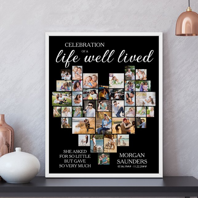 Leben gut gelebtes Herz geformt Foto Collage Beerd Poster (Life Well Lived Photo Collage Memorial Sign - available printed or as a digital download)