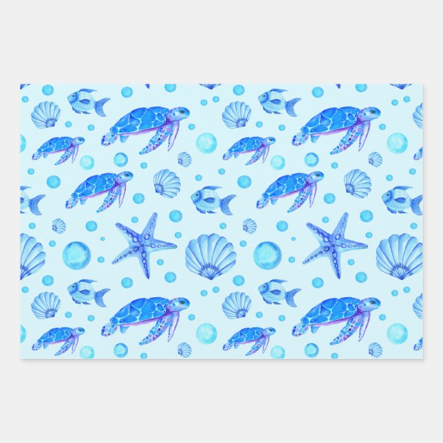 Leben in blauer See - Schildkröten, Fische und Mus Geschenkpapier Set (Vorderseite)