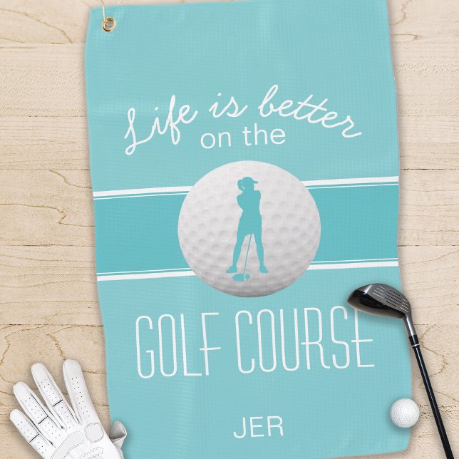 Leben ist besser Weiblich Golfer Mit Monogramm Aqu Golfhandtuch (Life is Better Female Golfer Monogrammed Teal Chic Golf Towel)