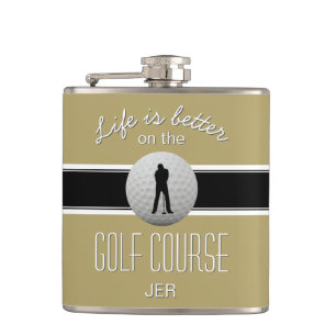 Leben ist besser Zitat Golf Monogramm Gold Schwarz Flachmann