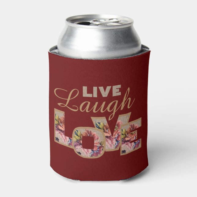 Leben, Lachen, Liebe Rustikale Blüte auf Burgund Dosenkühler (Kanne Vorderseite)