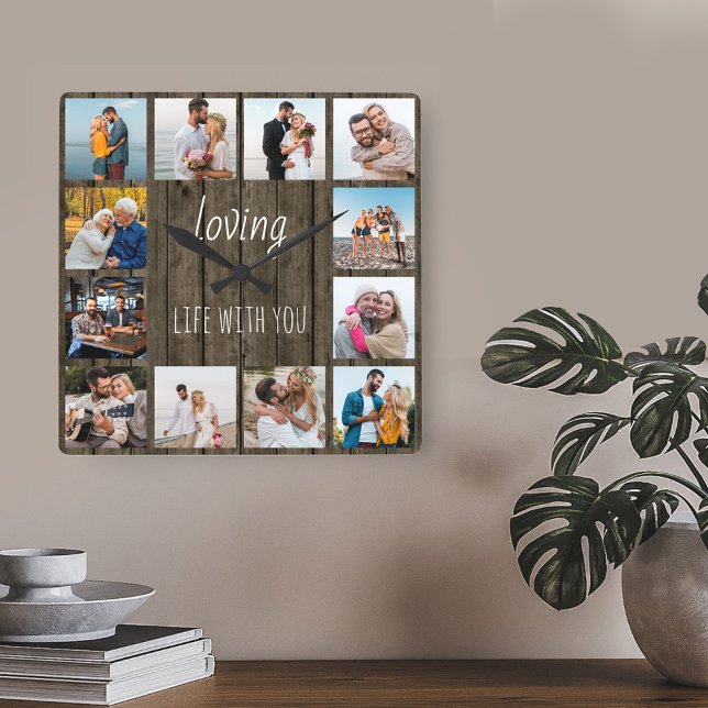 Leben lieben mit dir Zitat 12 Foto Holz Quadratische Wanduhr (Wood effect clock with 12 photos - lettered with "loving life with you")