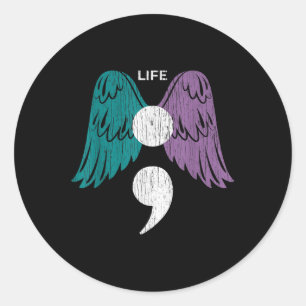 Leben Semicolon Wings Suizidbewusstsein Mentale He Runder Aufkleber